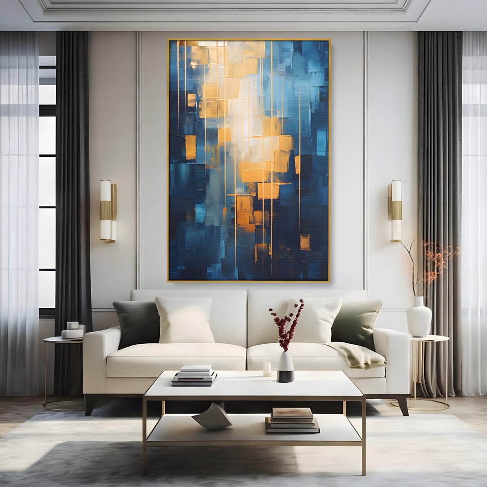 Tablou canvas cu pictura abstracta cu linii aurii, in rama de aluminiu auriu, pe perete intr-un living